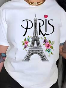 Camiseta de manga corta suelta de algodón estampado para mujeres | París Torre Eiffel y flores estampadas - Blanco - Ver 1