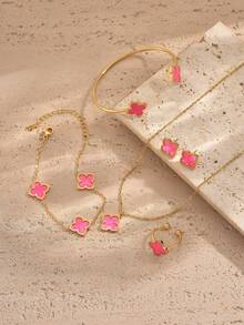 1 套不锈钢四叶草首饰套装包括手链项链耳环戒指手镯，采用 18K 镀亚克力制成，时尚适合日常、派对、节日佩戴 - 彩色 - 查看 8