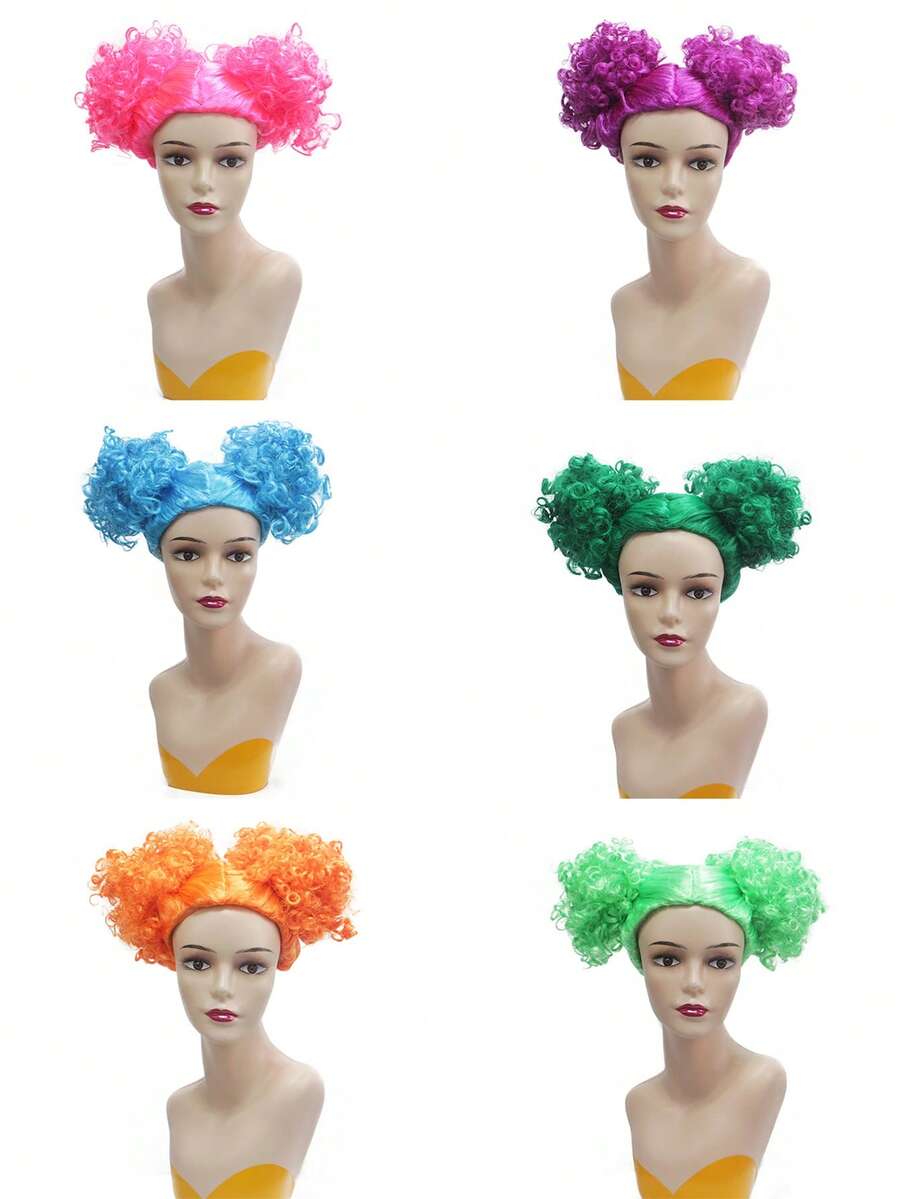 Lockige, bunte Clown-Explosion Perücke, einzigartiges Design mit doppelten Dutt-Frisur, lustige Kostümperücke für Partys - Verschiedenfarbig - Übersicht 1