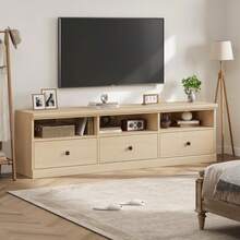 IDEALHOUSE 70in TV Stand For TVs Up To 80", Mid Century Modern Entertainment Center With Storage Drawer And Open Shelves, TV Console Media Cabinet For Living Room, Bedroom (Light Oak) - Light Oak - View 3