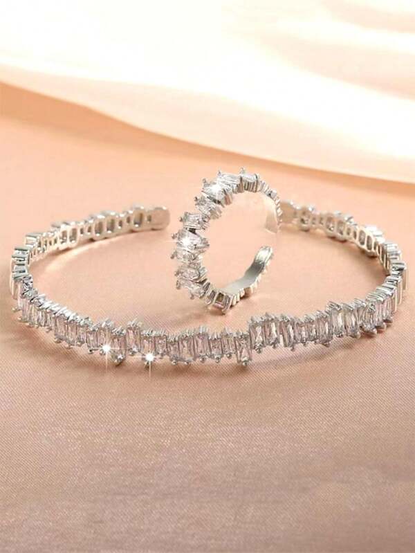 Set de 2 piezas/1 set de pulsera y anillo minimalistas de alta gama con geometría micro-incrustada de circonita cúbica, adecuado como accesorio de moda para uso diario para mujeres y como un regalo pensativo para el Día de San Valentín