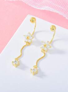 FOREVER QUEEN 1 PIEZA Anillo de ombligo de plata de ley 925 con borlas redondas, con colgante de flor y circonita cúbica, para perforación corporal