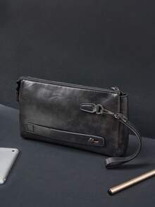 KAIDUCH Men's Fashion Minimalist Large Capacity Soft Leather Clutch Wallet, Multi-Function Zipper Lock Long Style Handbag - Black - View 3