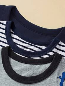 男童 3 件套休闲短袖 T 恤套装，卡通恐龙印花上衣，夏季透气时尚风格