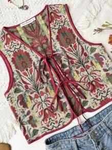 Rusttydustty Boho Embroidered Tie Waist Vest Vintage Jacquard Waistcoat Tie Front Top,Christmas, Thanksgiving, New Year Party Outfit