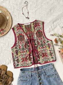 Rusttydustty Boho Embroidered Tie Waist Vest Vintage Jacquard Waistcoat Tie Front Top,Christmas, Thanksgiving, New Year Party Outfit