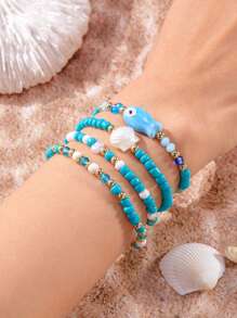 4 Bohemian Tropical Ocean Shell Small Fish Decorations Handmade Blue Beads Bracelet Women's Beach Vacation Party Jewelry