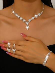 Conjunto de joyas de moda y lujo para mujeres - Collar, Aretes, Pulsera, Anillo - Plateado - Ver 19