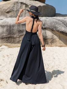 Rusttydustty 女士黑色露背宽松连体裤海边度假