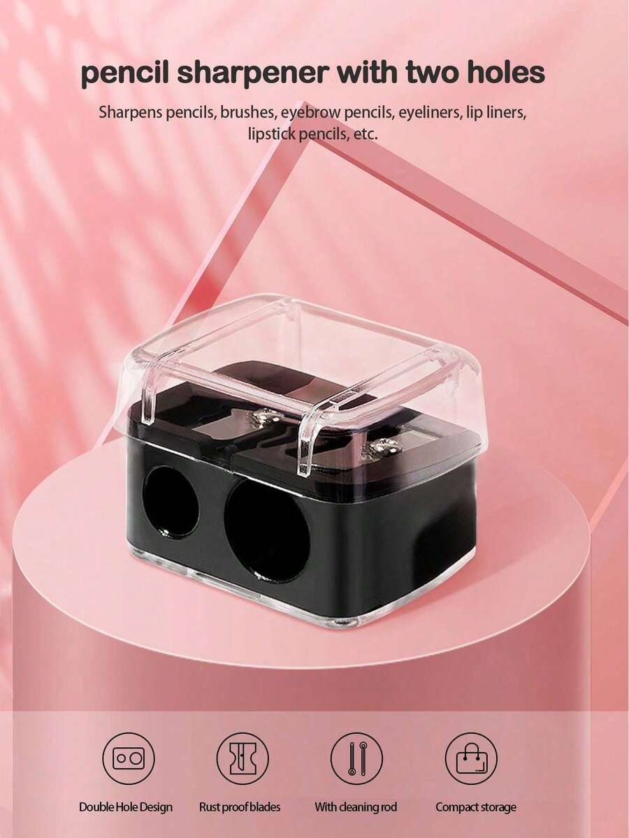 1pc/4pcs/6pcs/12pcs Transparent Cover Pencil Sharpener, Dual-Hole Pencil Sharpener Wholesale, Portable Makeup Tool, Stationery Accessories, Professional Eyebrow/Eyeliner Pencil Sharpener Back To School - Black - View 1