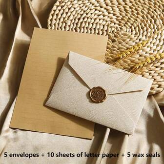joumoswk 20Pcs Elegant Linen Texture Envelope & Letter Paper Set With Wax Seals For Wedding Invitations, DIY Gift, Greeting Card