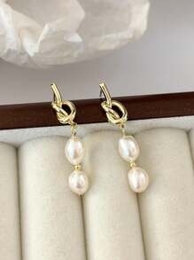 1 Pair Knotted Faux Pearl Dangle Earrings,Vintage And Elegant Knot Shaped Ear Studs Baroque Pearl Drop Earring,Unique Jewelry Gifts For Her