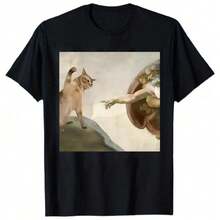 Michelangelo's Cat Cartoon Print T-Shirt Men's Round Neck T-Shirt   As Gift - 黑色 - 查看 1