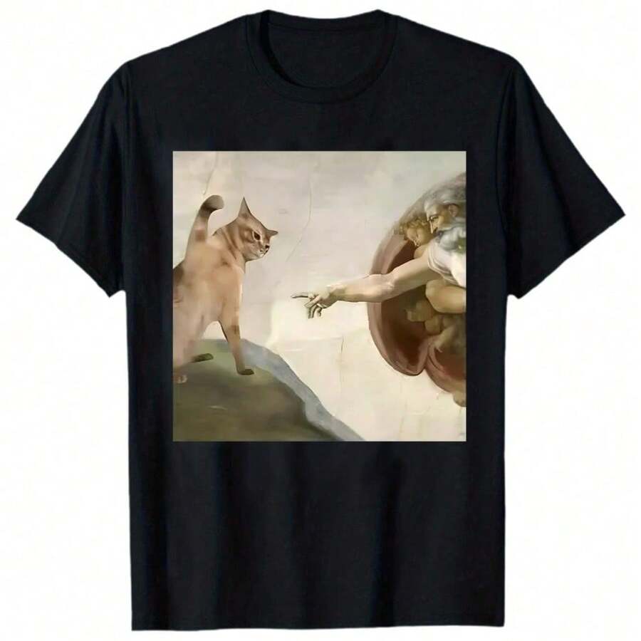 Michelangelo's Cat Cartoon Print T-Shirt Men's Round Neck T-Shirt   As Gift - 黑色 - 查看 1