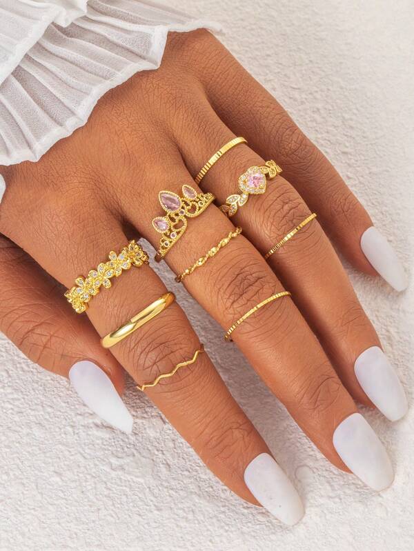 1/6/9pcs Stylish 18K Gold Plated Copper Rings Set For Women, Encrusted With Zirconia Stone, In Heart, Flower, Crown, Geometric Shapes, Stackable Midi Rings, Knuckle Rings, Ideal For Daily Wear And Gift