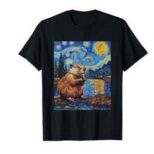 Men Van Gogh Style Starry Night Graphic Black T-Shirt Unique Cotton Blend Breathable Artistic Casual Tee For Everyday Wear And Special Occasions>Hex Gift Ideas - 黑色 - 查看 1
