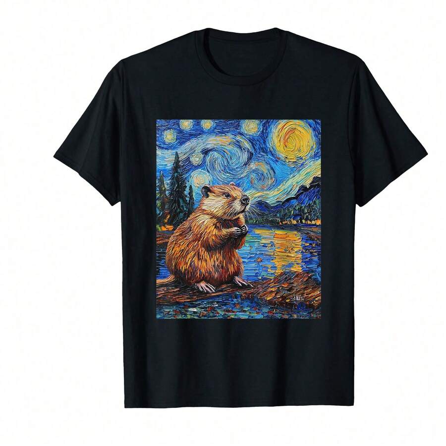 Men Van Gogh Style Starry Night Graphic Black T-Shirt Unique Cotton Blend Breathable Artistic Casual Tee For Everyday Wear And Special Occasions>Hex Gift Ideas - 黑色 - 查看 1