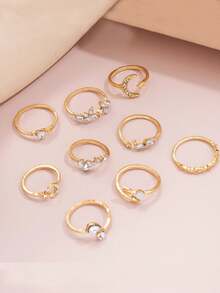 9 件套优雅简约心形、星星、月亮水晶戒指套装，可调节，适合女性节日、派对、约会、日常佩戴、礼物