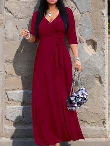 女士多色拼接连衣裙，深V领和收腰设计，优雅大方，适合外出就餐、购物等各种场合。 - 酒紅色 - 查看 3