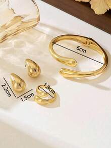 1 Set Minimalist Metallic Geometric Teardrop Shape Shiny Bracelet, Ring, Earrings Set, Suitable For Women Everyday, Party, Date Outfit Accessories