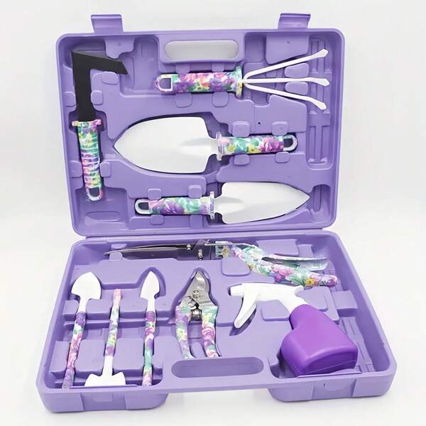Set de 5 piezas/10 piezas de herramientas de jardinería con estampado morado - Herramientas manuales de metal ligero con caja de herramientas morada portátil y con estilo que incluye pala para barro, cultivador, tijeras de podar y botella rociadora - Ideal para la jardinería del hogar, herramientas de jardinería