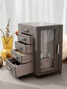 360° Rotating Jewelry Box With 5 Drawers, Side Glass Window, Large Size, Accessory Storage, Open Design, Slate Gray For Women Storage Organizer Travel Essentials For Women Storage Organizer Travel Essentials Gift Back To School