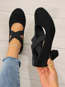 Pantofi eleganți cu toc înalt, elastici, cu barete încrucișate, pentru exterior, pentru toate anotimpurile - Negru - Vizualizare 6