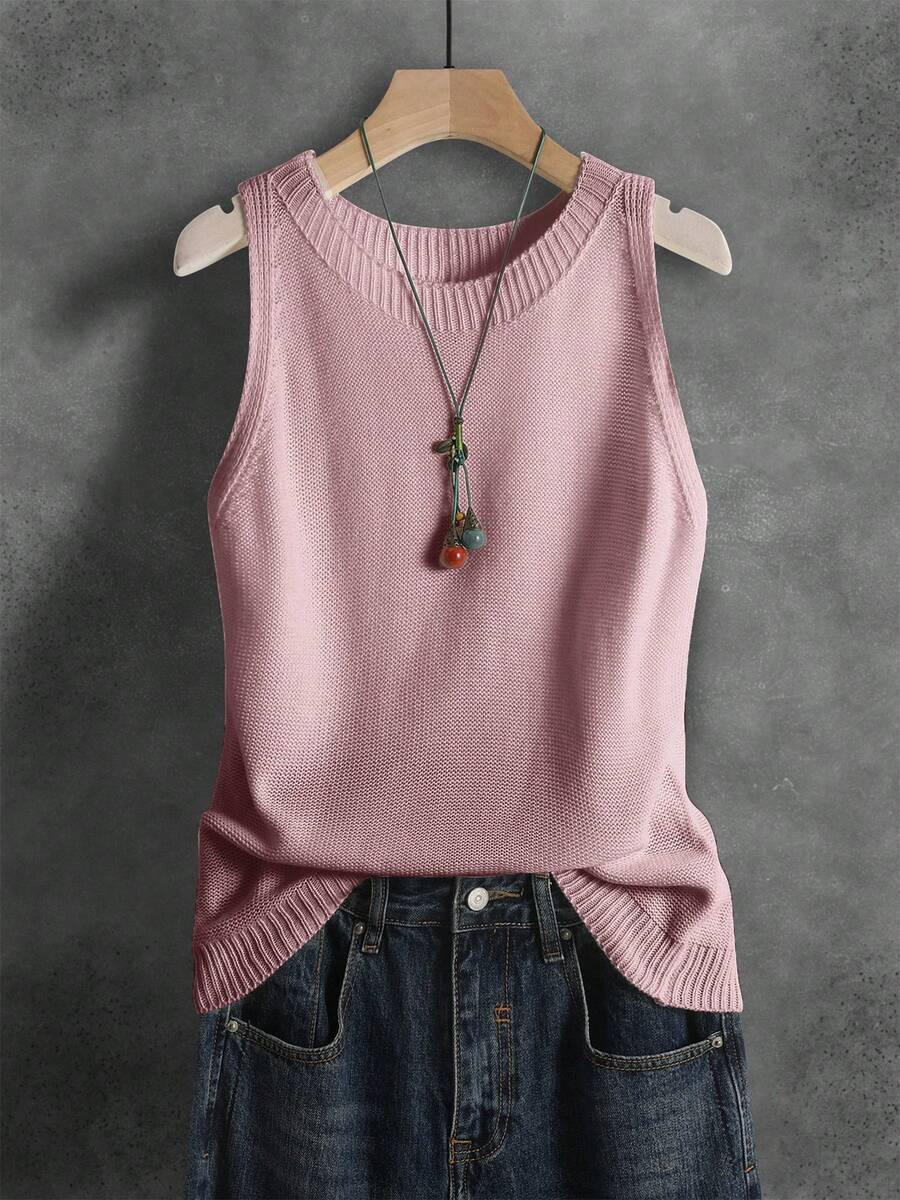 女士针织背心，休闲法式复古文艺风纯色吊带衫，百搭日常叠穿单品，短款无袖针织上衣，春季及四季皆宜的粉色夏季款 - 粉色 - 查看 1