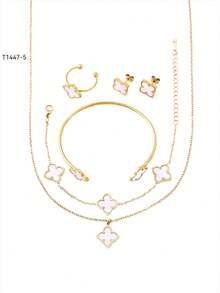 1 套不锈钢四叶草首饰套装包括手链项链耳环戒指手镯，采用 18K 镀亚克力制成，时尚适合日常、派对、节日佩戴 - 彩色 - 查看 10