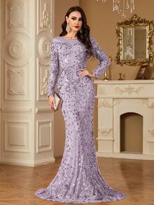 hezixi 舒适，适合各种体型，透视圆领长袖亮片修身鱼尾裙摆设计，风格独特，女士正式舞会礼服/晚礼服 - 淺灰紫 - 查看 3