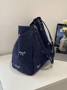 新款韩版休闲时尚百搭蓝色极具吸引力蝴蝶结水洗帆布托特包，适合通勤、旅行、购物、学生返校、大容量甜美女士手提包