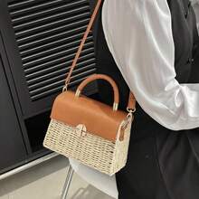 Square Woven Beach Bag, Contrast Color Stitching, Textured Crossbody Bag For Women