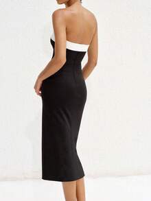 Women's Summer Contrast Color Bustier Midi Bodycon Dress - Black and White - View 8