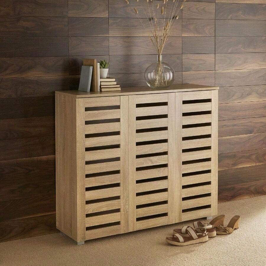 3 Door Wooden Shoe Storage Cabinet Rack Stand Slatted Cupboard, MDF, Oak Effect - Oak - View 1