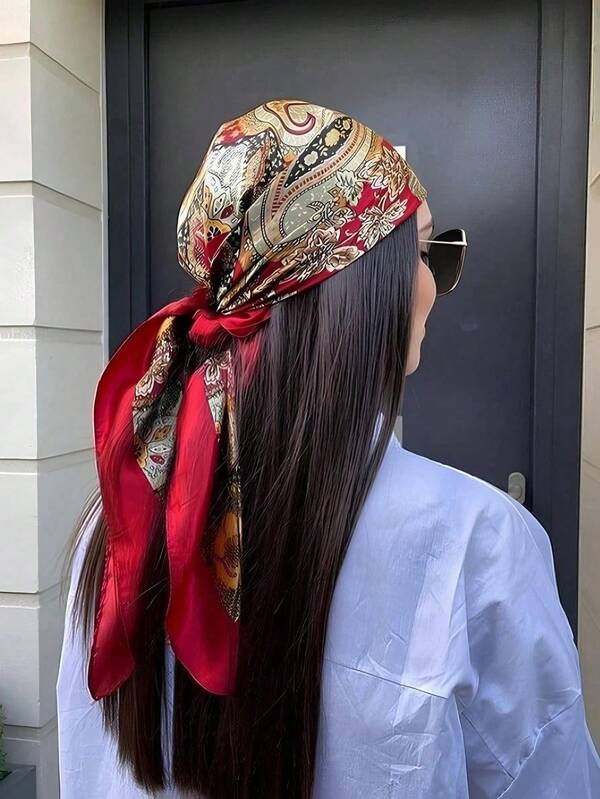1pc Women Bandana Bohemian Paisley Printed Women Satin Scarf, Elegant Casual Headscarf/Shawl For Daily Life And Sun Protection
