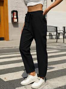 Lanwont Women's Linen Trousers Summer Casual High Waist Drawstring White Beach Pants - 黑色 - 查看 1