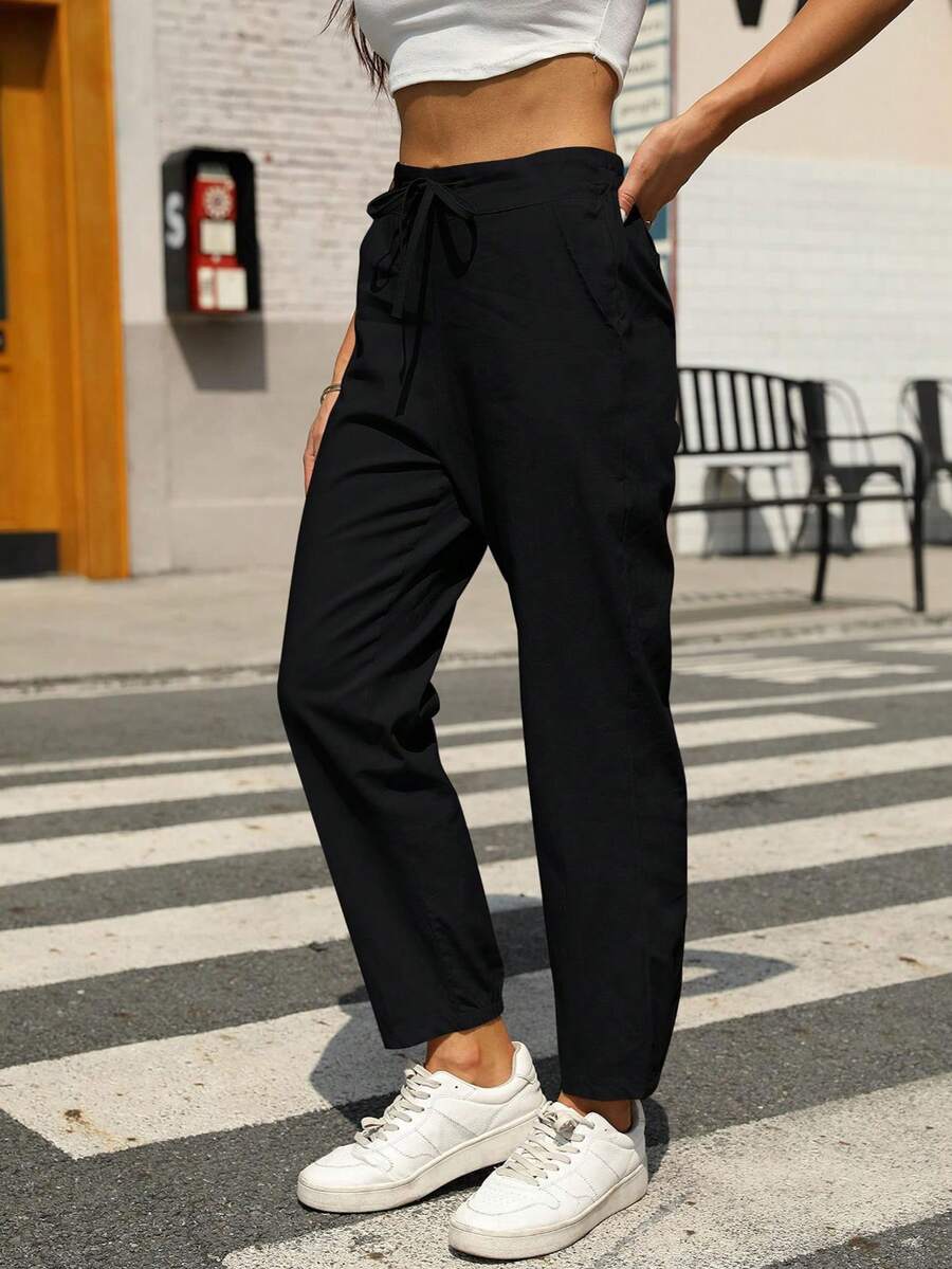 Lanwont Women's Linen Trousers Summer Casual High Waist Drawstring White Beach Pants - 黑色 - 查看 1