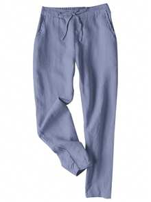 Lanwont Women's Linen Trousers Summer Casual High Waist Drawstring White Beach Pants - 霧霾藍 - 查看 1