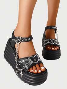 New Black Summer Slope Heel Shoes For Woman Thick Bottom Women's Punk Fashion Sandals For Women Casual Slippers Comfortable Shoes Women's Gothic Style Cross Chain Detail Platform Sandals Summer Shoes - màu đen - Xem 6