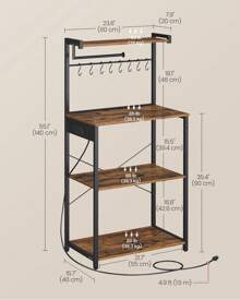 VASAGLE Kitchen Bakers Rack With Power Outlet, 4-Tier Coffee Bar With Adjustable Shelf, Microwave Stand, Paper Towel Holder, 40 X 60 X 140 Cm, Rustic Brown And Ink Black