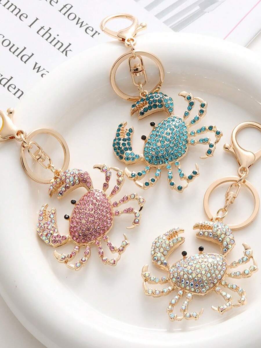 Llavero con forma de cangrejo de metal con rhinestones de colores, accesorio creativo de estilo europeo y americano, accesorio para coche, bolso, mochila escolar, regalo lindo gótico y Y2K para madre, padre, graduación y maestro - Multicolor - Ver 1