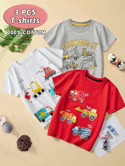 3 件套年轻男童休闲套装，包括带有卡通挖掘机印花的短袖 T 恤，适合夏季户外穿着