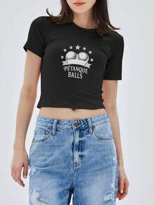 Petanque P Tanque Balls With French Text Fashion Women's Short Sleeves - 黑色 - 查看 1