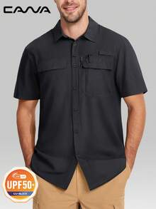 Cavva 男士户外 UPF50+ 钓鱼徒步衬衫 防水柔软轻便透气 3 个实用口袋 钓竿架 太阳镜环 笔槽 内置眼镜布 徒步露营 - 黑色 - 查看 2
