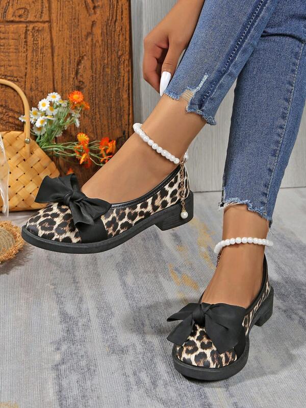 Women Rounded Head, Black Loafers Mary Jane Shoes, Lolita Style Bowknot Pearl Leopard Pattern, Slip-On Low Heel, For All Seasons Big Size Wild Fashion