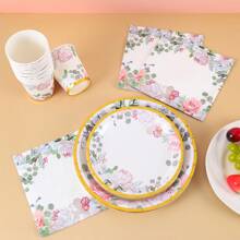 96 pièces Ensemble de fournitures de fête florale, décorations de fête florale de 7/9 pouces pour une douche de mariée, décorations thème tea party pour invités, assiettes en papier jetables, gobelets en papier, serviettes en papier pour fête, anniversaire, mariage, tea party. Vaisselle jetable.