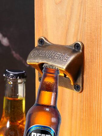 1pc Vintage Wrought Iron Beer Bottle Opener, Square Antique Brass Mounted Bar Accessory, Easy To Install Portable Mini Tool