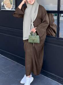 Solid Color Elegant Round Neck Long Sleeve Long Casual Slim Fit Women Dress, Daily Wear