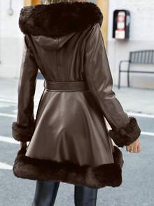 女式 PU 夹克，配有人造毛皮衬里、兜帽和腰带 - 秋冬时尚 - 巧克力棕 - 查看 11
