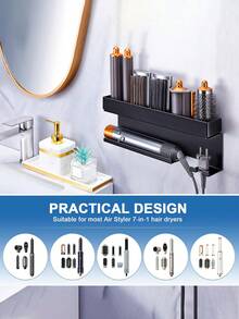 壁挂式吹风机支架，用于收纳美发配件、吹风机和卷发棒，无需钻孔即可安装，可用作吹风机支架、美发工具收纳盒、浴室美发工具整理架。 - 彩色 - 查看 6